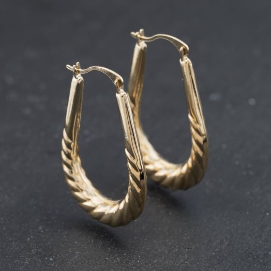 Second Hand 9ct Yellow Gold 28mm Ridge Patterned Creole Earrings 41174328