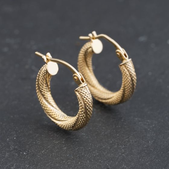 Second Hand 9ct Yellow Gold 17mm Mesh Textured Hoop Earrings 41174331