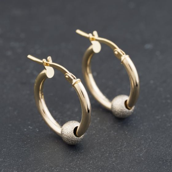 Second Hand 9ct Yellow Gold 17mm Textured Sliding Roller Ball Hoop Earrings 41174333