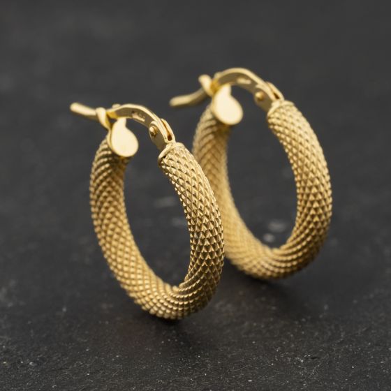 Second Hand 9ct Yellow Gold Patterned 16mm Hoop Earrings 41174343