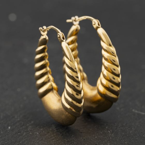 Second Hand 9ct Yellow Gold Patterned 30mm Creole Earrings 41174354