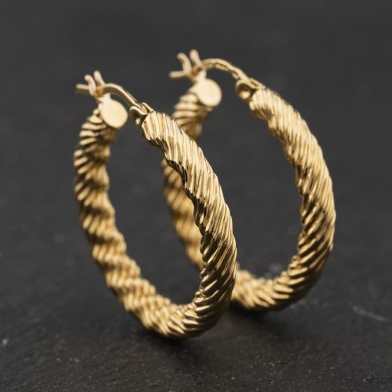 Second Hand 9ct Yellow Gold Patterned 27mm Hoop Earrings 41174359