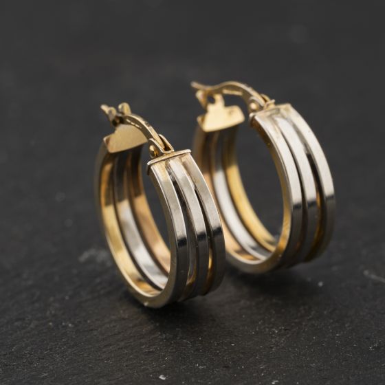 Second Hand 9ct Two Colour Gold Three Row 19mm Hoop Earrings 41174363