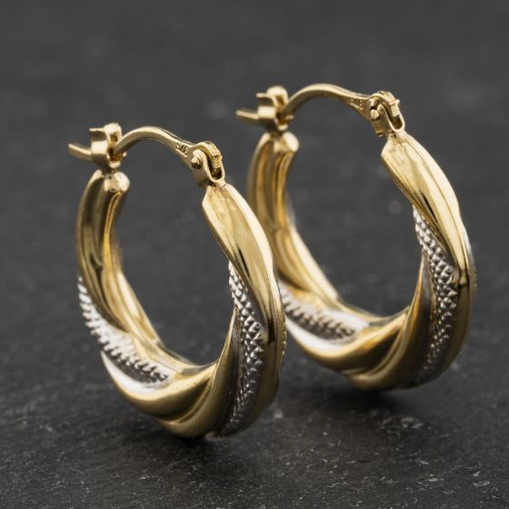 Second Hand Two Colour Gold Twist Patterned 20mm Creole Earrings 41174393
