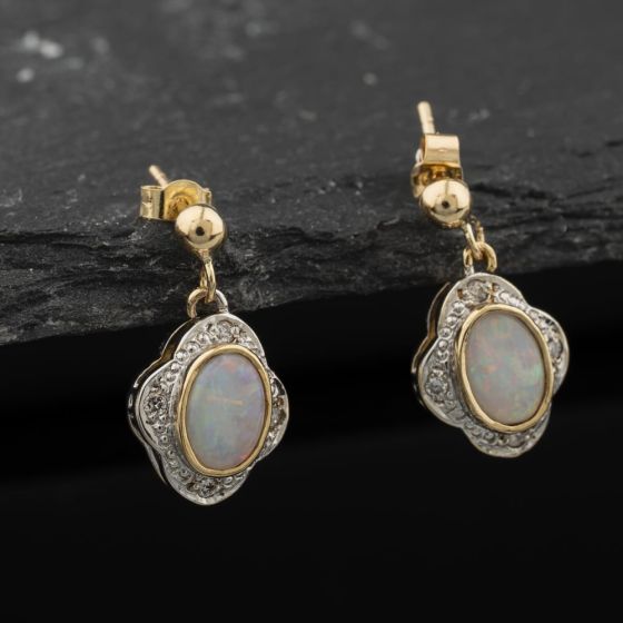 Second Hand Two Colour Gold Opal & 0.08ct Diamond 17mm Dropper Earrings 41174420