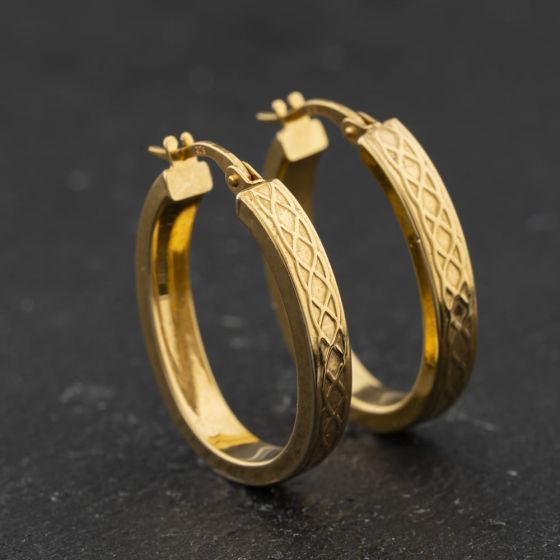 Second Hand Yellow Gold Patterned Oval 25mm Hoop Earrings 41174458
