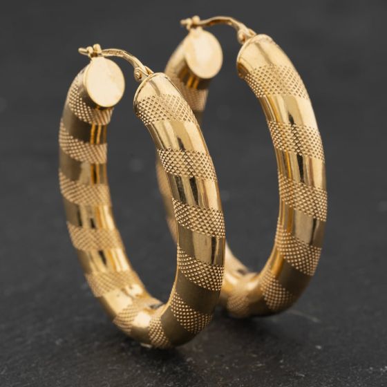 Second Hand 9ct Yellow Gold Patterned Oval 39mm Hoop Earrings 41174465