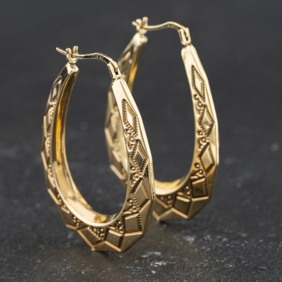 Second Hand 9ct Yellow Gold Patterned 39mm Creole Earrings 41174475