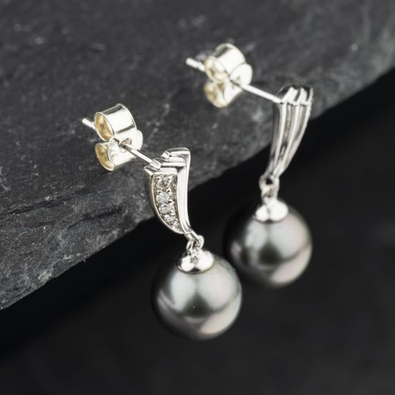 Second Hand 9ct White Gold Tahitian Pearl & 0.08ct Diamond 21mm Dropper Earrings 41174480