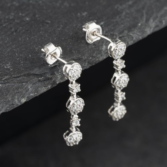 Second Hand 9ct White Gold Cubic Zirconia Triple Cluster 27mm Dropper Earrings 41174481