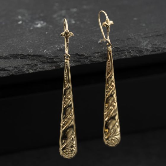Second Hand Yellow Gold 52mm Tear Drop Patterned Dropper Earrings 41174499