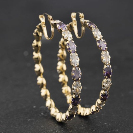 Second Hand 9ct Yellow Gold Amethyst & Cubic Zirconia Set 49mm Hoop Earrings 41174600