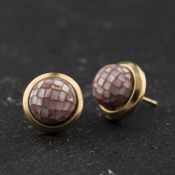 Second Hand Yellow Gold 10mm Mother Of Pearl Set Button Stud Earrings 41174611