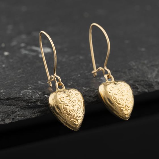 Second Hand Vintage 9ct Yellow Gold 27mm Patterned Heart Dropper Earrings 41174622
