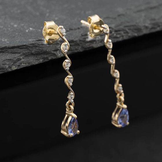 Second Hand Yellow Gold Tanzanite & White Zircons 32mm Dropper Earrings 41174670