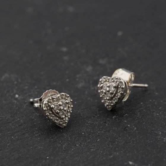 Second Hand 9ct White Gold 3mm 0.24ct Diamond Halo Cluster Heart Stud Earrings 41174675