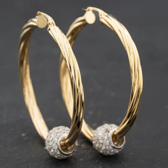 Second Hand 9ct Yellow Gold 48mm Cubic Zirconia Set Twist And Ball Hoop Earrings 41174695