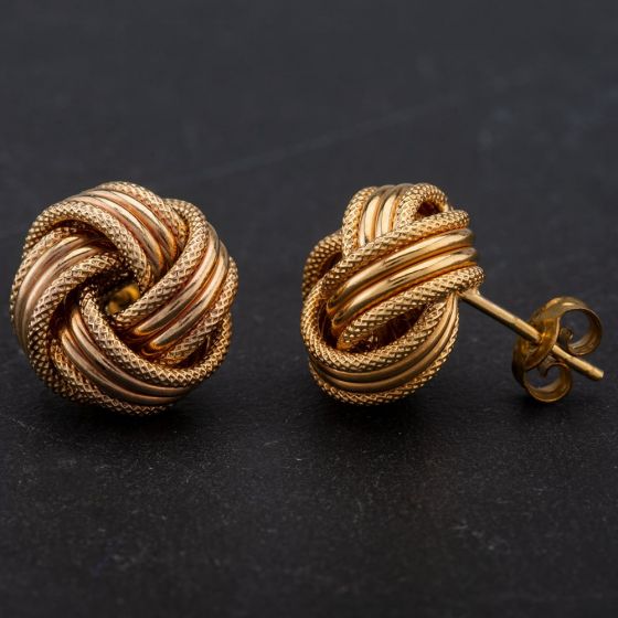 Second Hand 9ct Yellow Gold Patterned and Plain Knot Stud Earrings 4117911