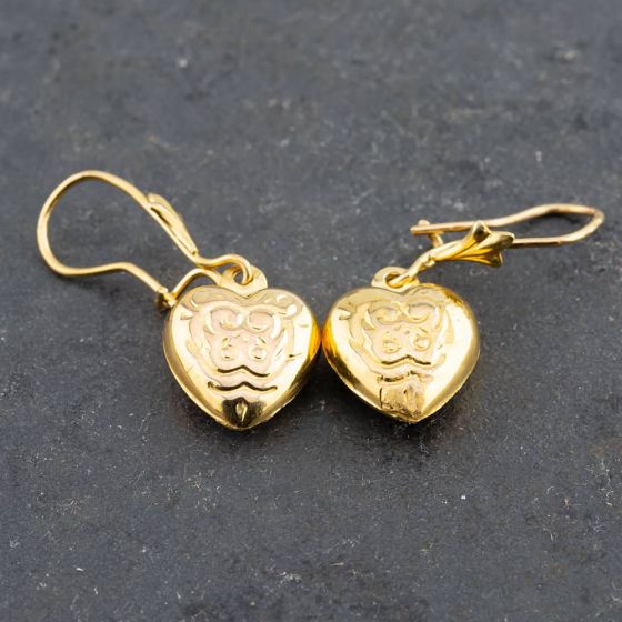 Second Hand Yellow Gold Patterned Heart Dropper Earrings 4117939