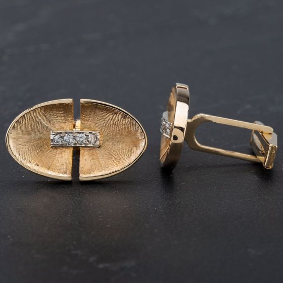 Second Hand 14ct Yellow Gold Diamond Set Heavy Oval Art Deco Style Cufflinks 4119562