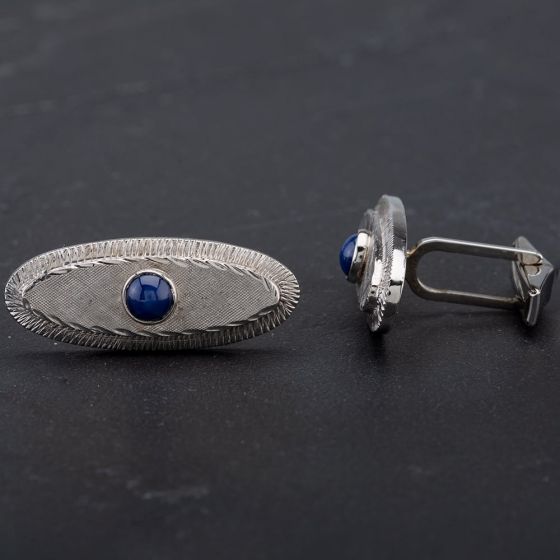 Second Hand 9ct White Gold Long Oval Star Sapphire Set Cufflinks 4119563