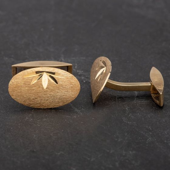 Second Hand 9ct Yellow Gold Frosted Diamond Cut Oval Cufflinks 4119566