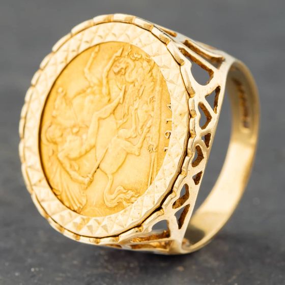 Second Hand 9ct Yellow Gold Half Sovereign 1914 Coin Ring 41201033BND