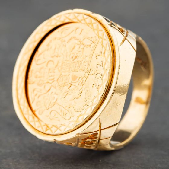 Second Hand 9ct Yellow Gold Full Sovereign 2022 Royal Arms QEII Coin Ring 41201039BND