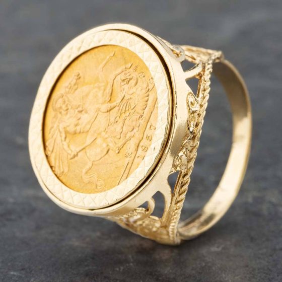 Second Hand 9ct Yellow Gold 1957 Full Sovereign Coin Ring 41201059BND