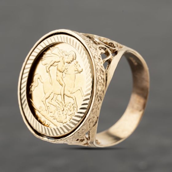 Second Hand Yellow Gold 1907 King George Half Sovereign Coin Ring 41201252
