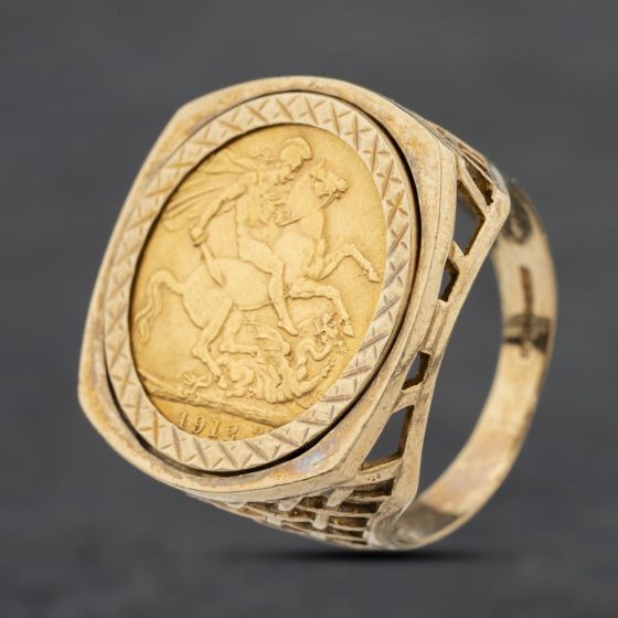 Second Hand 9ct Yellow Gold 1912 George V Full Sovereign Coin Ring 41201263BND