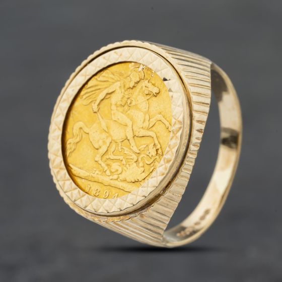 Second Hand 9ct Yellow Gold 1894 Queen Victoria Half Sovereign Coin Ring 41201265BND