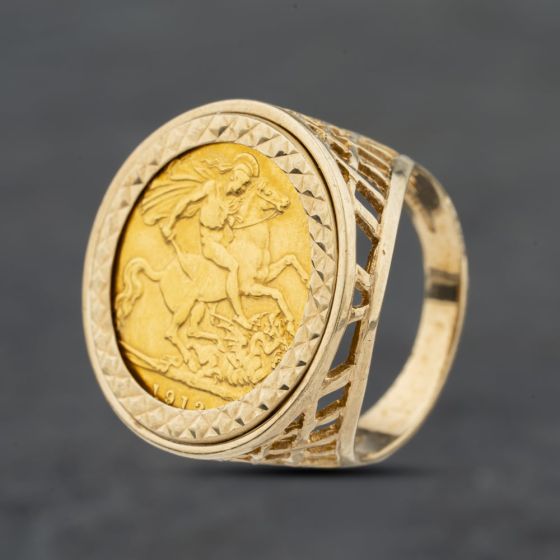 Second Hand 9ct Yellow Gold 1913 George V Half Sovereign Coin Ring 41201266BND