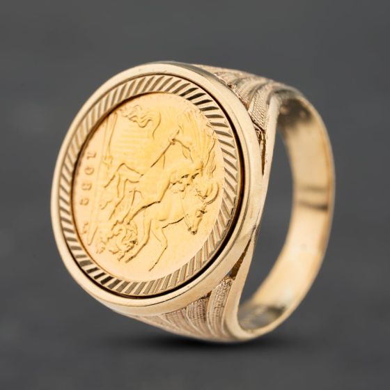 Second Hand 9ct Yellow Gold Queen Elizabeth II 1982 Half Sovereign Coin Ring 41201284BND