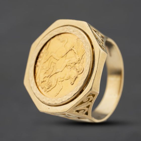 Second Hand Yellow Gold 1976 Full Sovereign Coin Ring 41201295