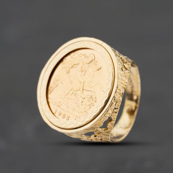 Second Hand 9ct Yellow Gold Queen Elizabeth II 1985 Half Sovereign Coin Ring 41201303BND