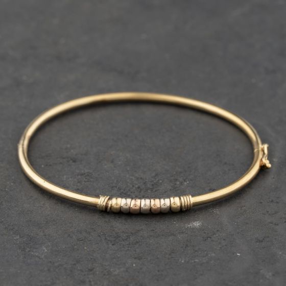 Second Hand 9ct Three Colour Gold Rotating Beads Hinged Bangle 412102163279