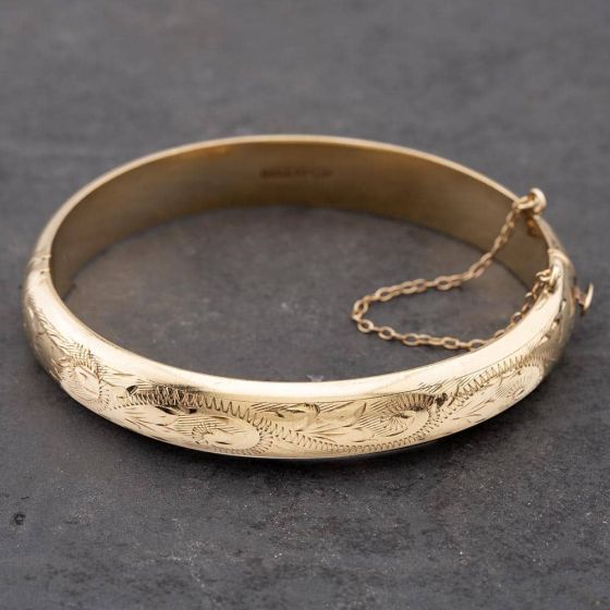 Second Hand 9ct Yellow Gold Engraved Standard Hinged Bangle 41211050