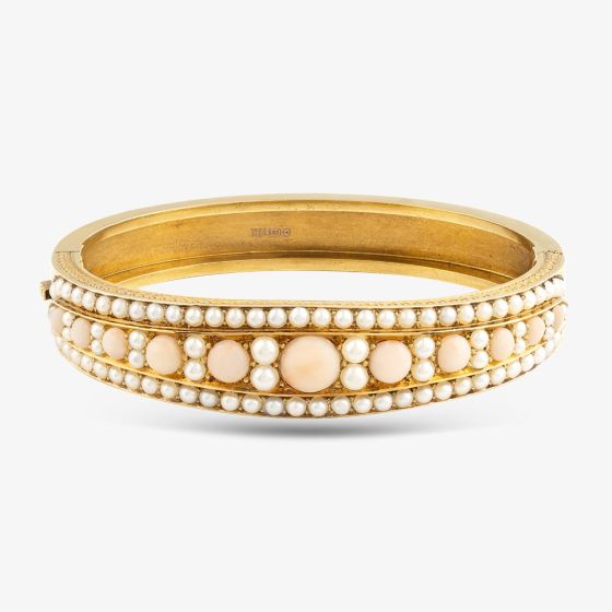 Second Hand 14ct Yellow Gold Coral & Pearl Standard Hinged Bangle 41211054