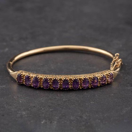 Second Hand Vintage 9ct Yellow Gold Amethyst 20cm Hinged Bangle 41211148