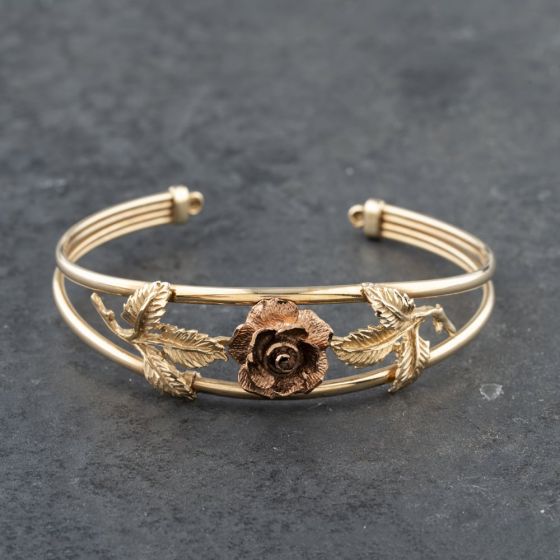 Second Hand 9ct Two Colour Gold Rose And Leaf Standard Cuff Bangle 41211332
