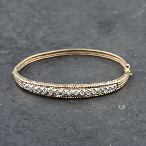 Second Hand 9ct Two Colour Gold Diamond Standard Hinged Bangle 41211333