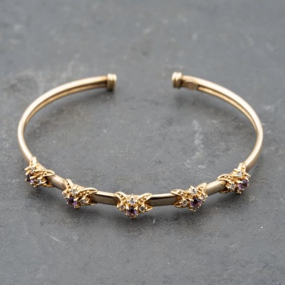 Second Hand 9ct Yellow Gold Amethyst & Cubic Zirconia Flowers Of Love Standard Torque Bangle 41211364