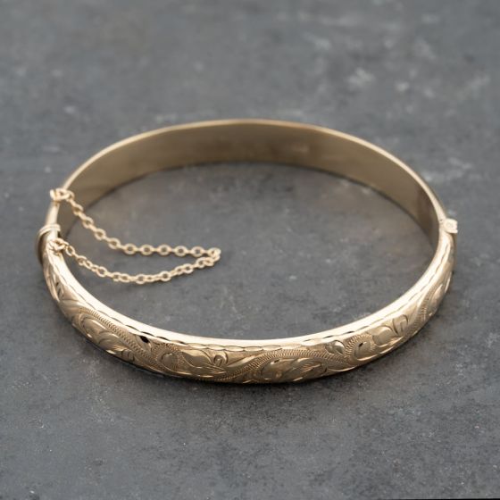 Second Hand 9ct Yellow Gold Hand Engraved Hinged Bangle 41211384