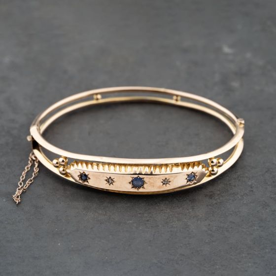 Second Hand Vintage 9ct Rose Gold Sapphire & Diamond Hinged Bangle 41211392