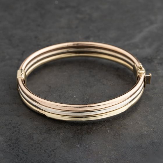 Second Hand 9ct Three Colour Gold Three Row Hinged Bangle 41211398