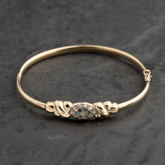 Second Hand 9ct Yellow Gold Emerald & Diamond Marquise Shaped Cluster & Knot Hinged Bangle 41211400