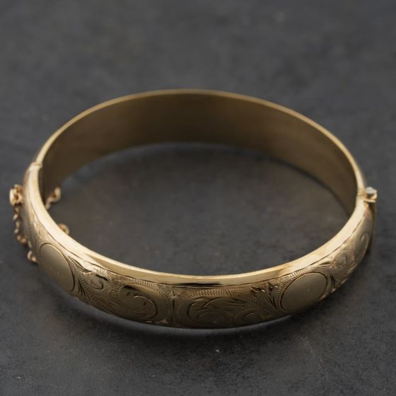 Second Hand Vintage 9ct Yellow Gold Half Engraved Hinged Bangle 41211424