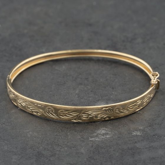 Second Hand 9ct Yellow Gold Half Engraved Hinged Bangle 41211442
