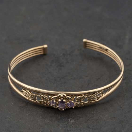 Second Hand 9ct Yellow Gold Amethyst Openwork Cuff Bangle 41211450